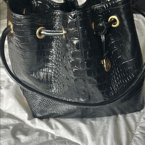 Brahmin Black Croc-Embossed Bucket Bag